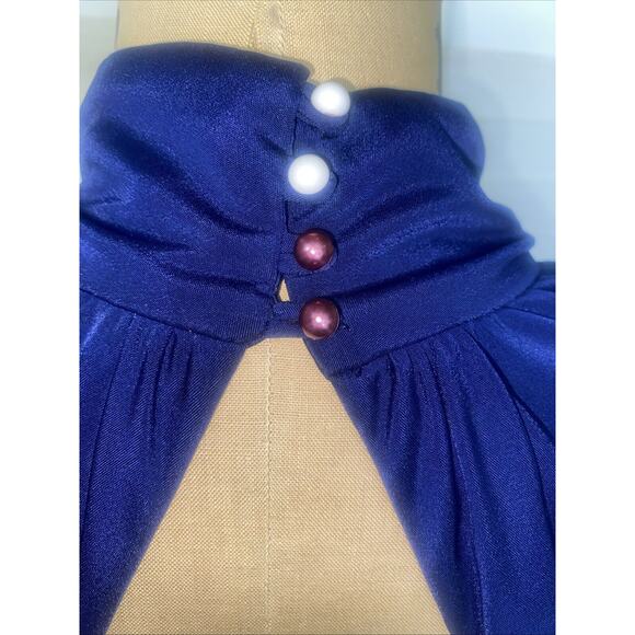 VINTAGE CASADEI 1980s Blue Draped Open Back Long Sleeve Dress Sz Large - Picture 7 of 11